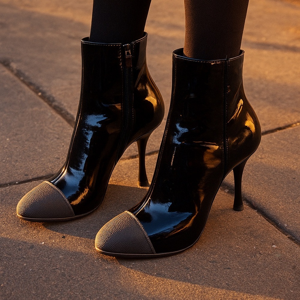 100% Authentic MIU MIU Cap-Toe Patent Ankle Booties, Stiletto Heel, Italy